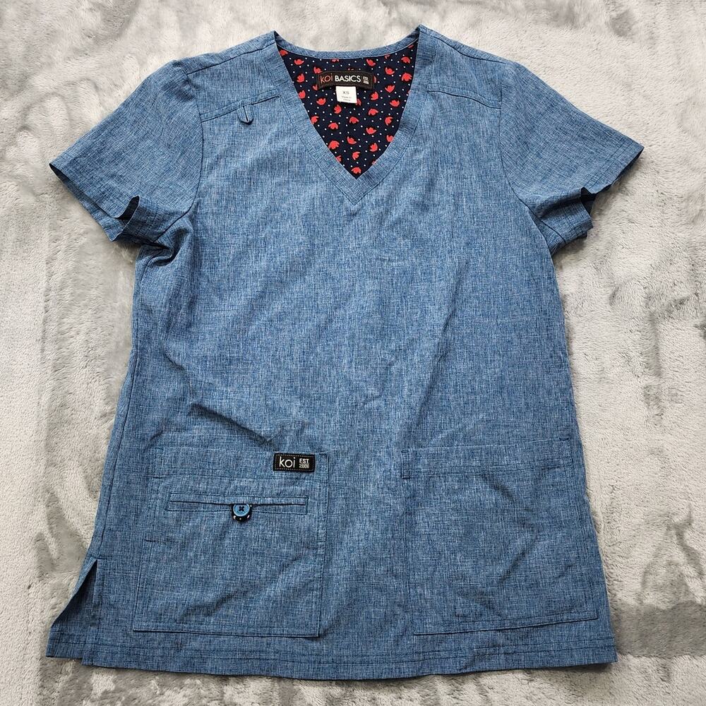 Koi Basics Top Womens XS Heathered Blue‎ Becca V-Neck Cell Phone Pocket Scrubs